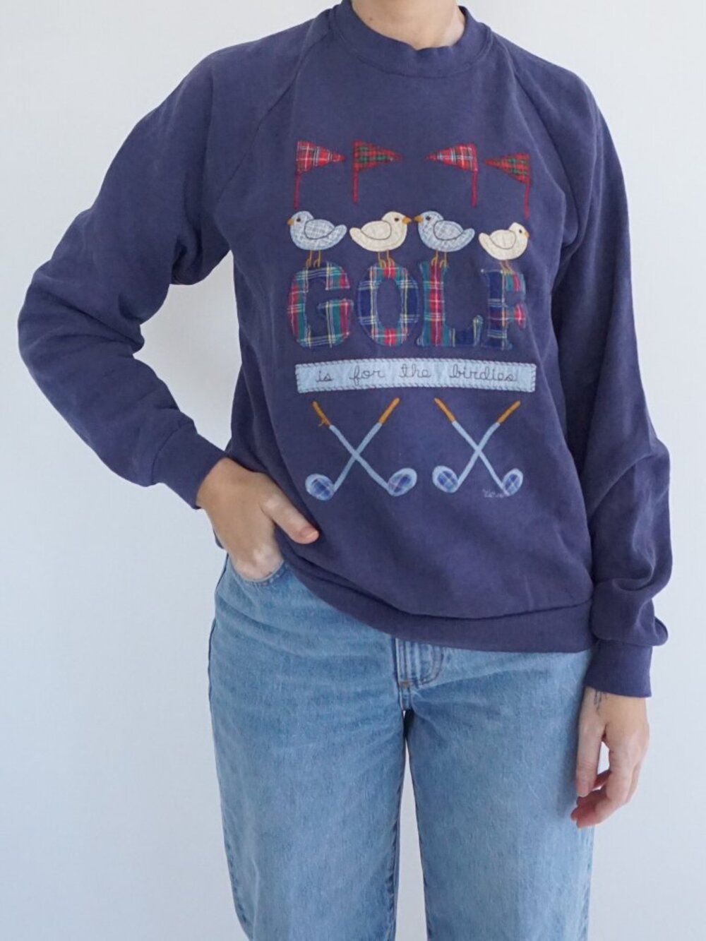 Vintage Jerzees Navy Goose Duck Golf Embroidered Sweatshirt Plaid Flag L